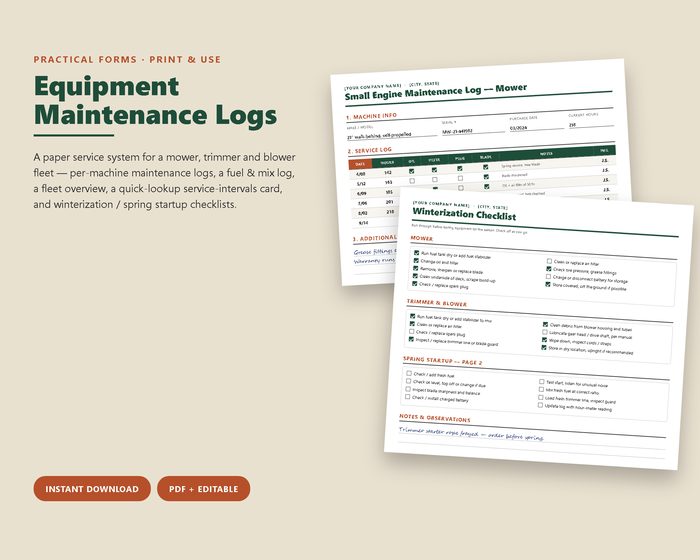 Equipment Maintenance Log Pack
