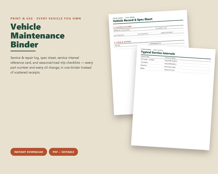 Vehicle Maintenance Binder pages